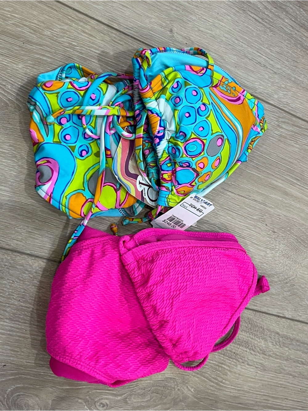 Bright Pink Bikini Top + Multicolor Swirl Bikini Top Duo Two Sets Bikini Bottom